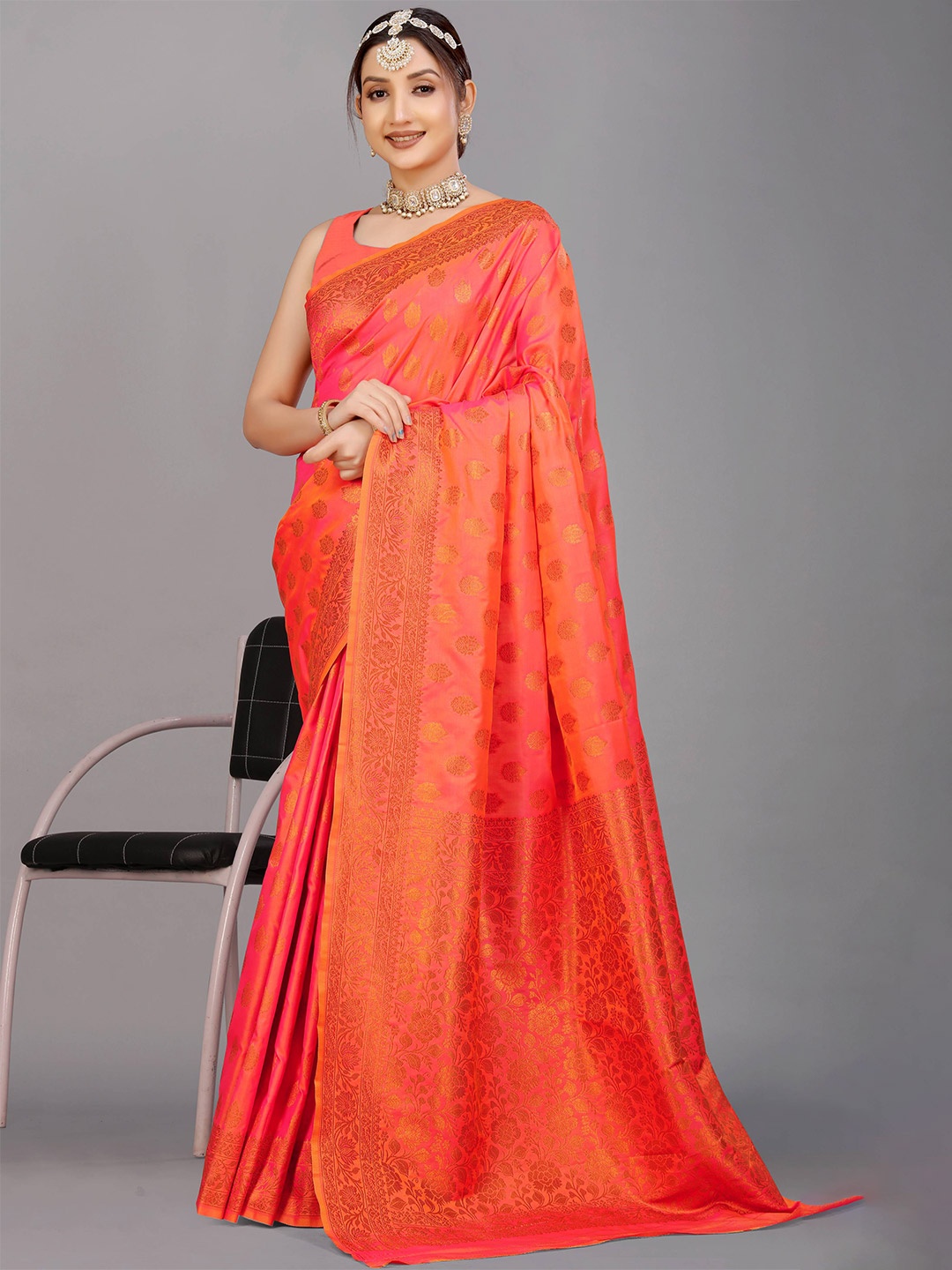 

PATIALAPICKS Ethnic Motifs Woven Design Zari Pure Silk Kanjeevaram Saree, Orange