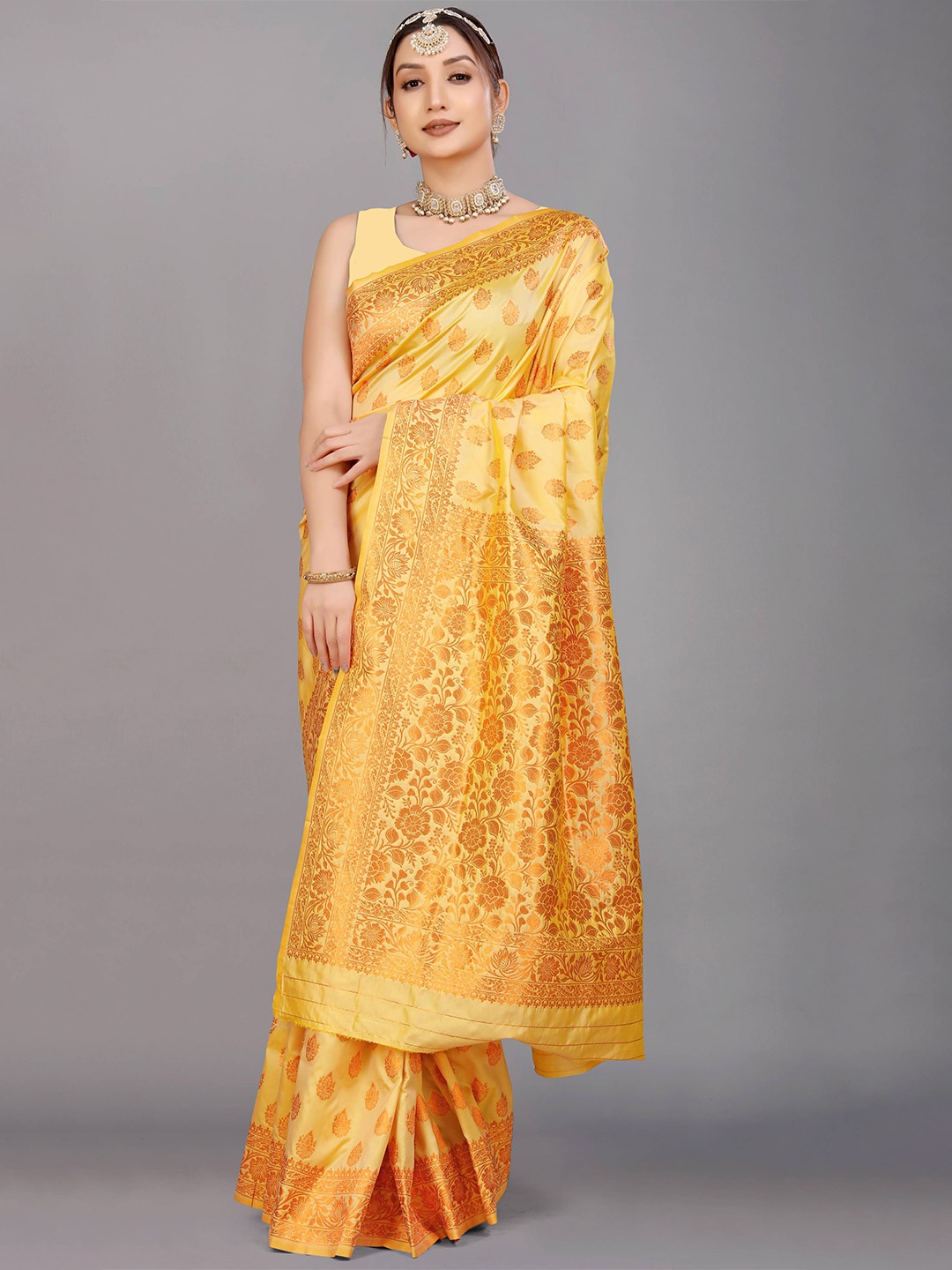 

PATIALAPICKS Woven Design Zari Pure Silk Kanjeevaram Saree, Yellow