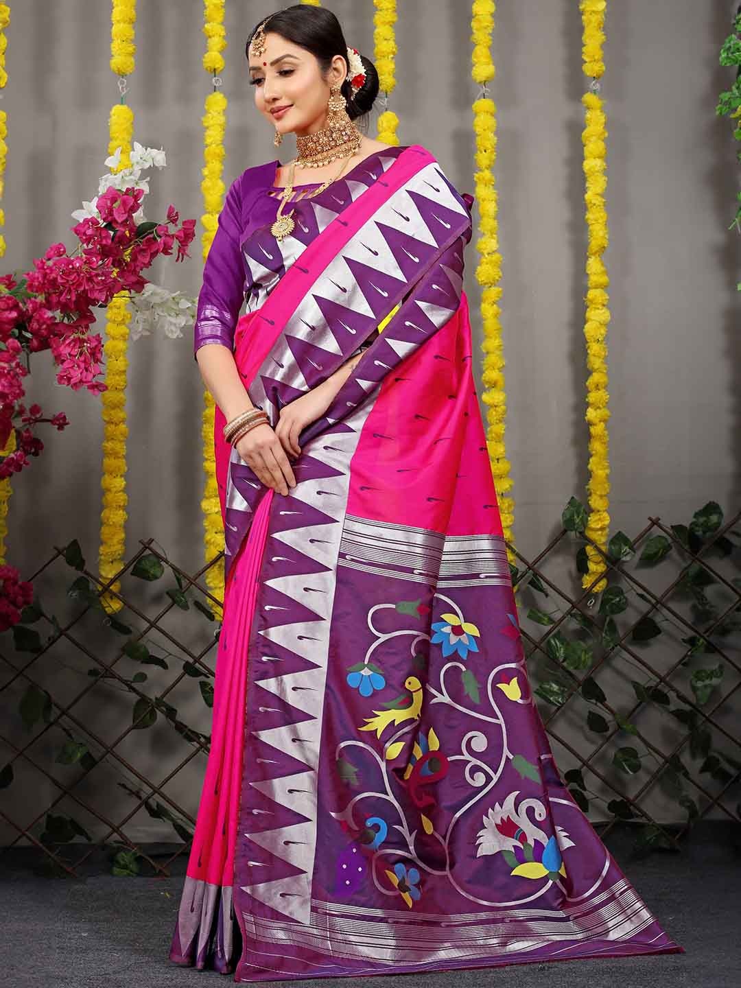 

PATIALAPICKS Woven Design Ethnic Motifs Zari Pure Silk Kanjeevaram Saree, Purple