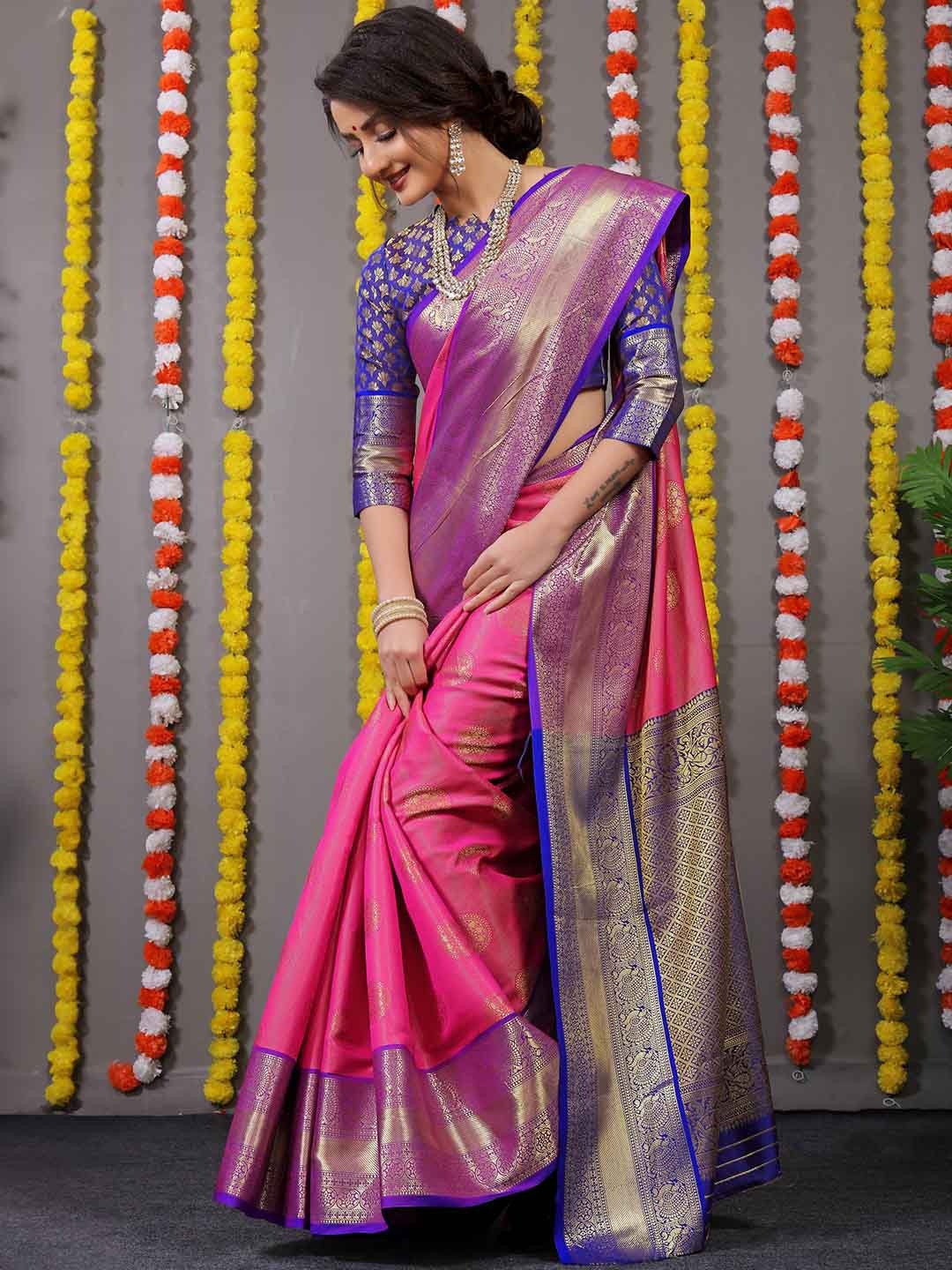 

PATIALAPICKS Ethnic Woven Design Zari Pure Silk Kanjeevaram Saree, Pink
