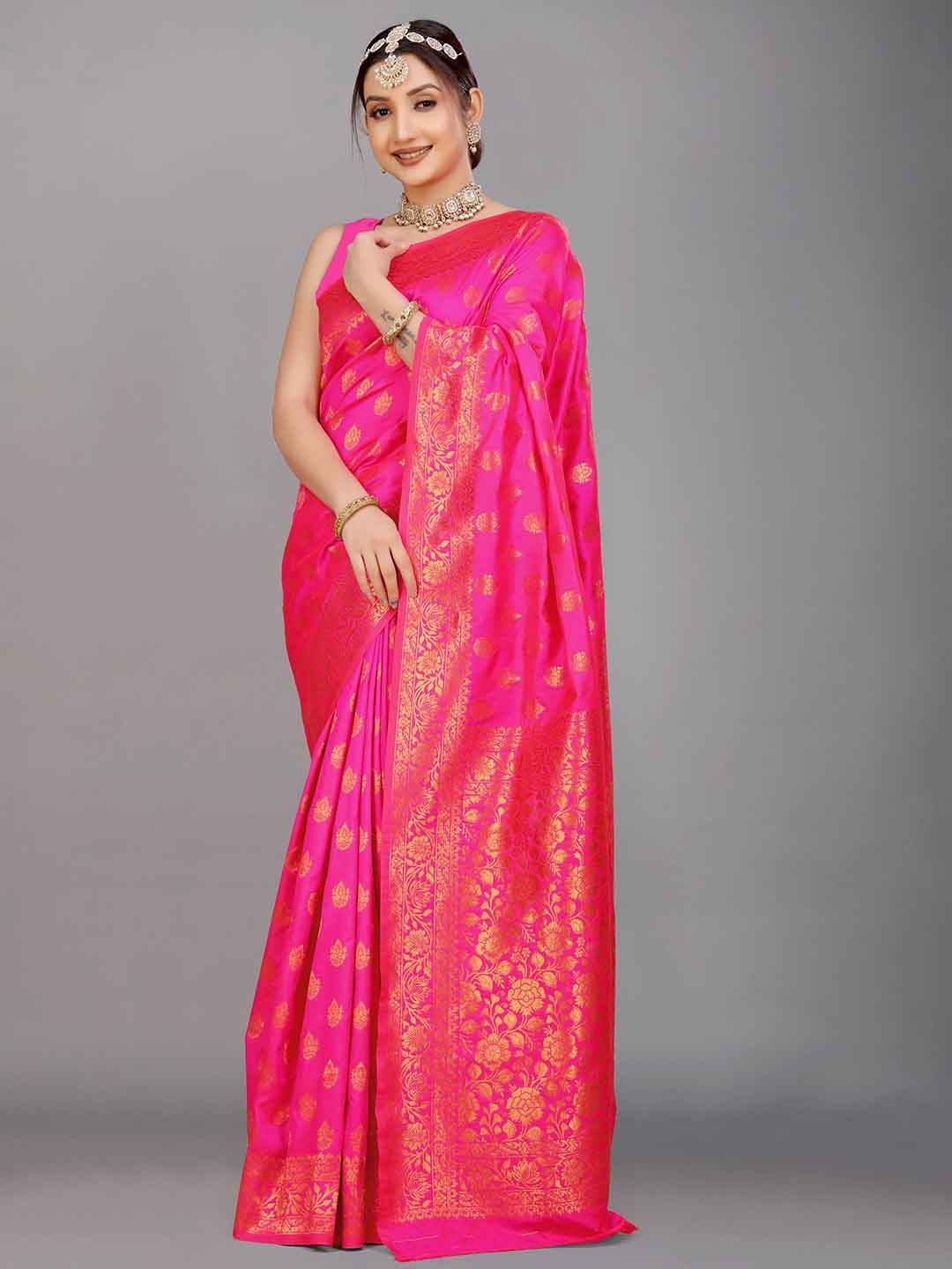 

PATIALAPICKS Ethnic Woven Design Zari Pure Silk Kanjeevaram Saree, Pink
