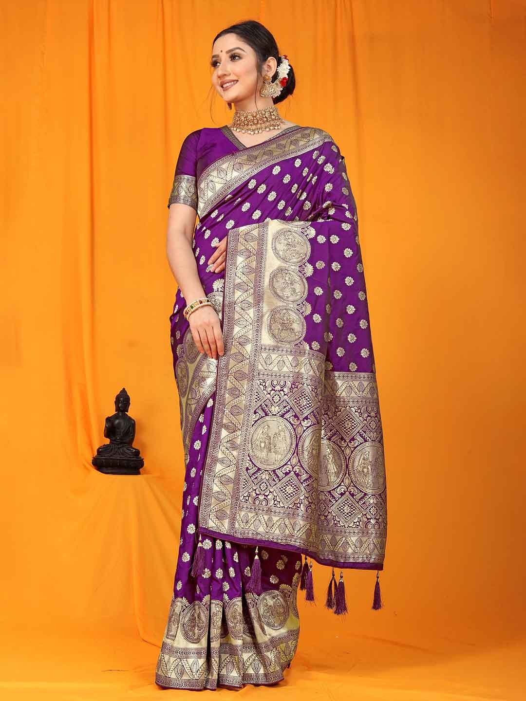 

PATIALAPICKS Ethnic Motifs Woven Design Zari Pure Silk Kanjeevaram Saree, Purple