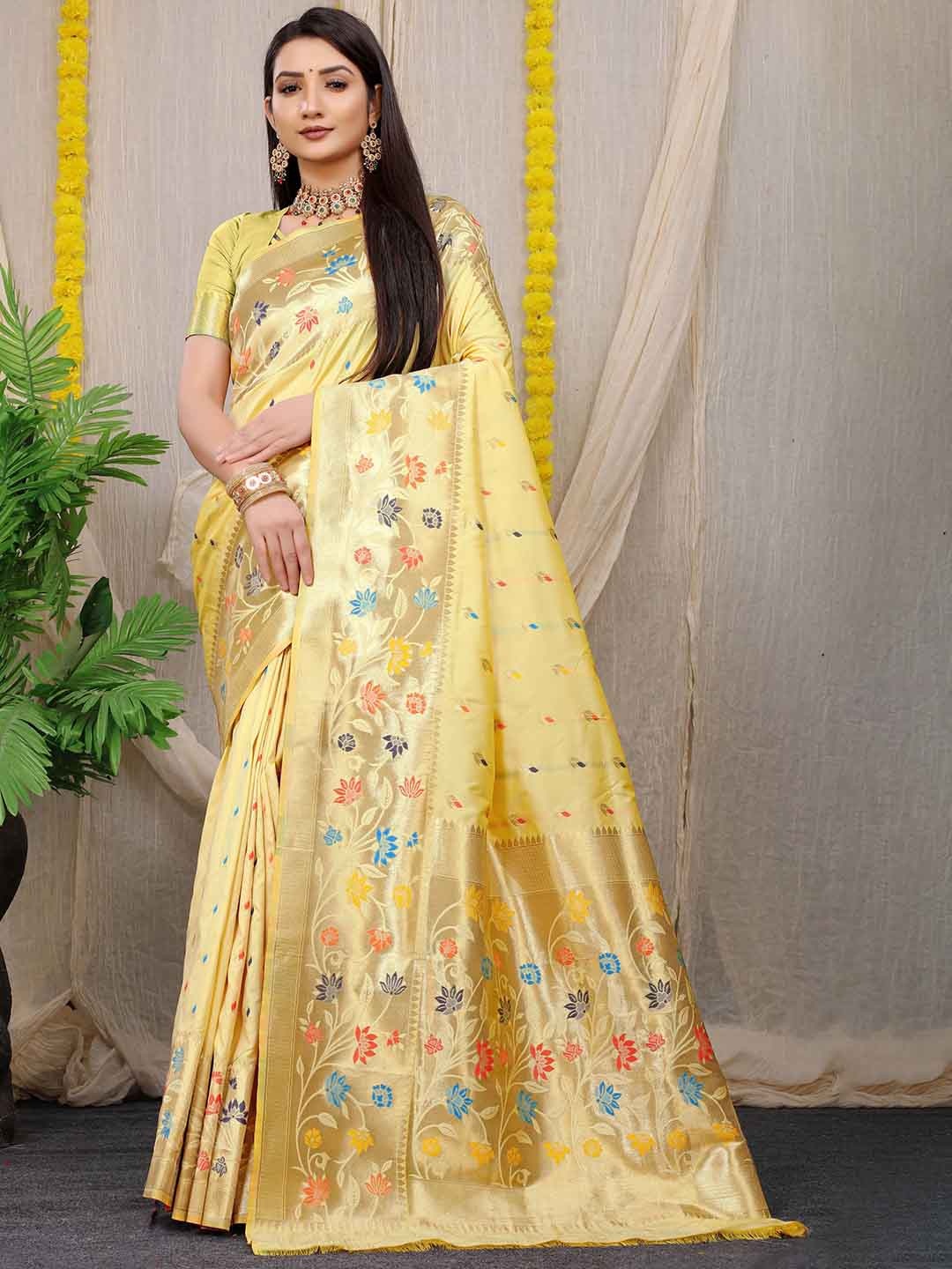 

PATIALAPICKS Woven Design Zari Pure Silk Kanjeevaram Saree, Yellow