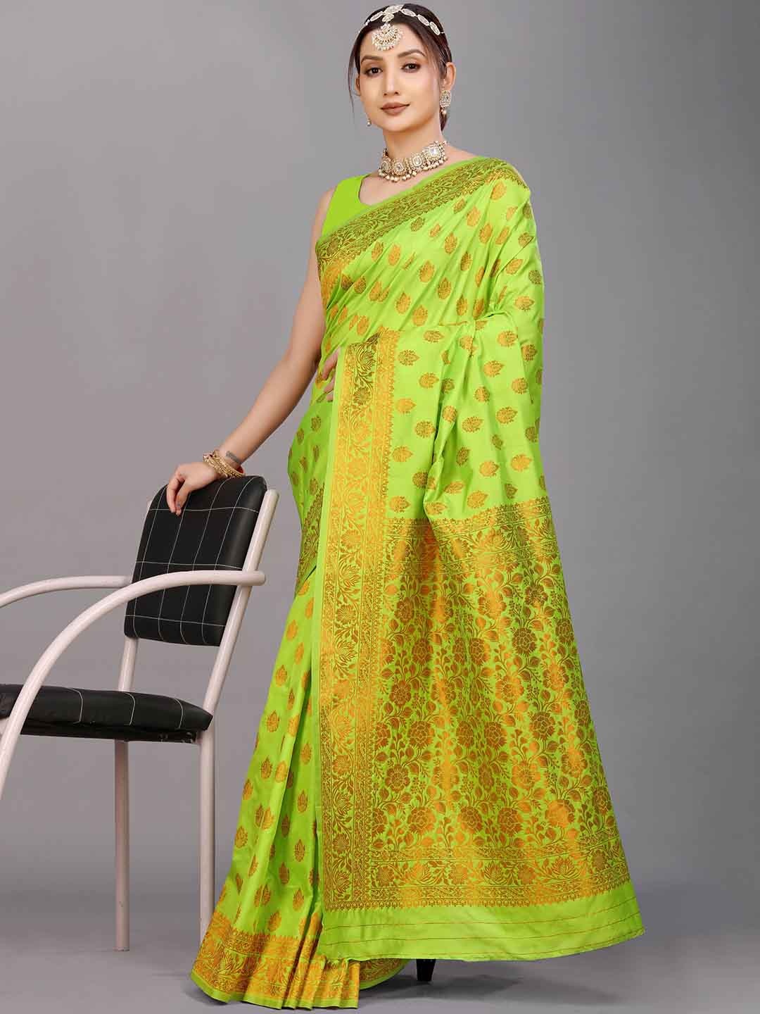 

PATIALAPICKS Ethnic Motifs Woven Design Zari Pure Silk Paithani Saree, Lime green