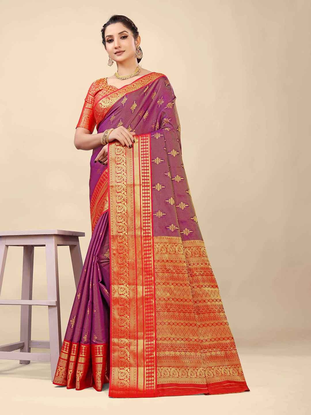 PATIALAPICKS Ethnic Motifs Zari Pure Silk Kanjeevaram Saree, Purple