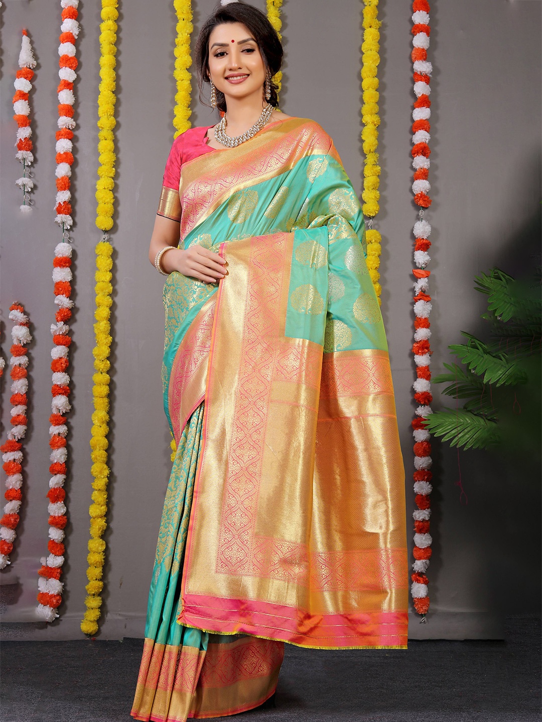 

PATIALAPICKS Ethnic Motifs Zari Pure Silk Heavy Work Kanjeevaram Saree, Blue