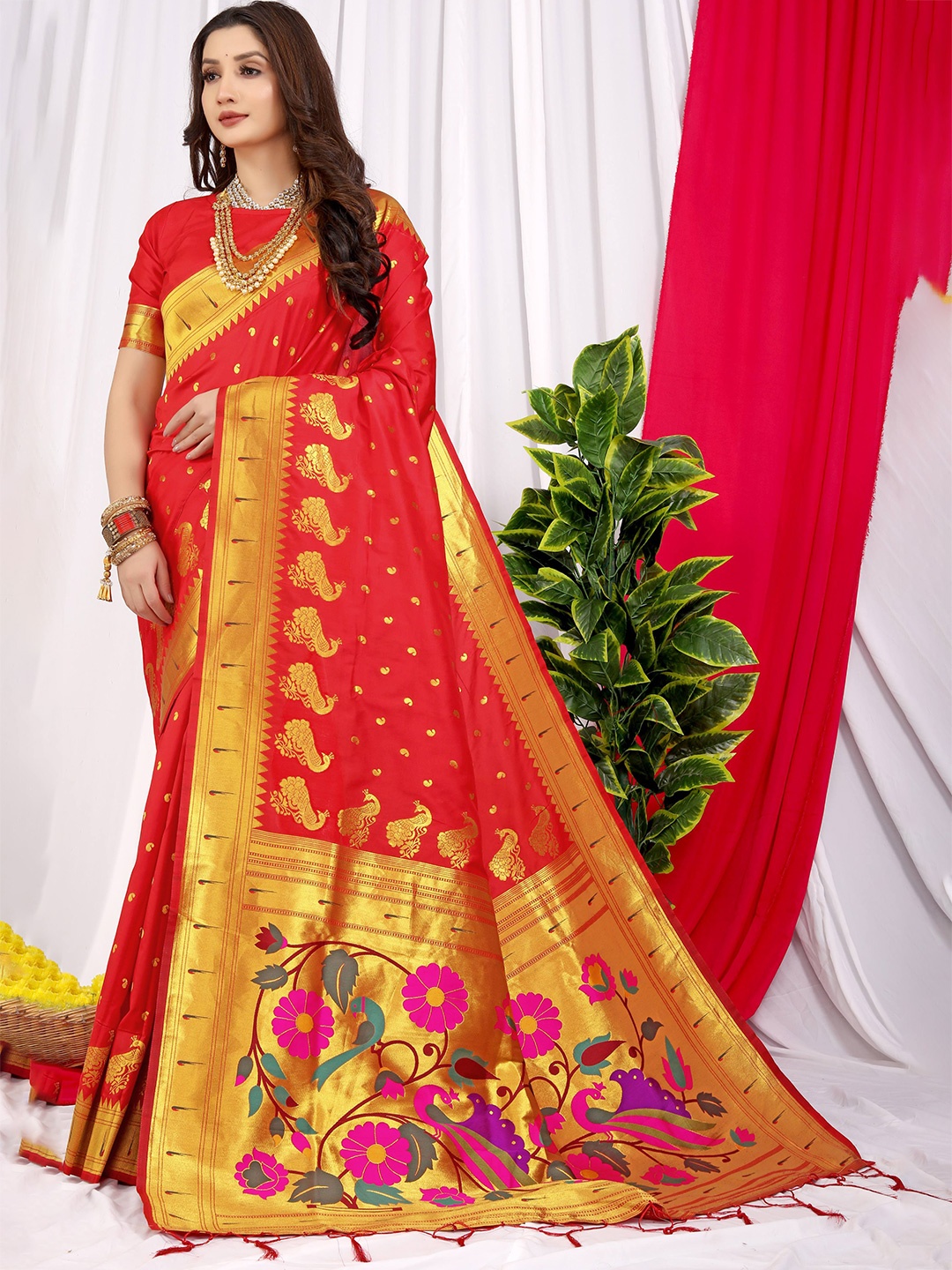 

PATIALAPICKS Ethnic Motifs Woven Design Zari Pure Silk Paithani Saree, Red