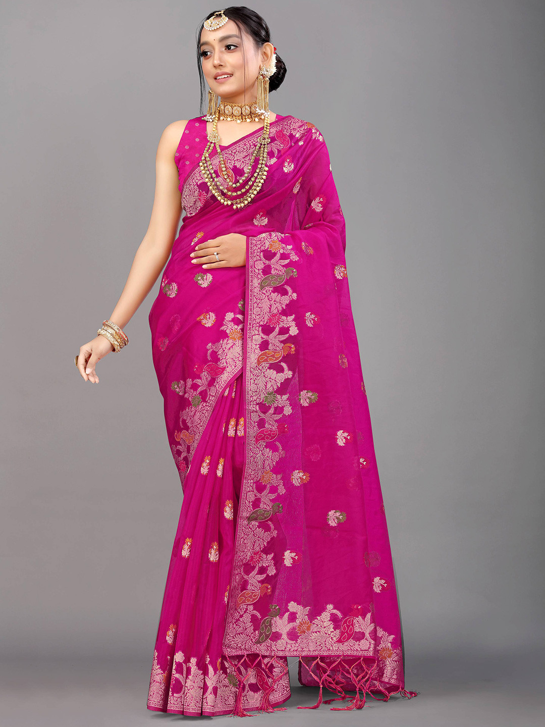 

PATIALAPICKS Ethnic Motifs Woven Design Zari Pure Silk Kanjeevaram Saree, Pink