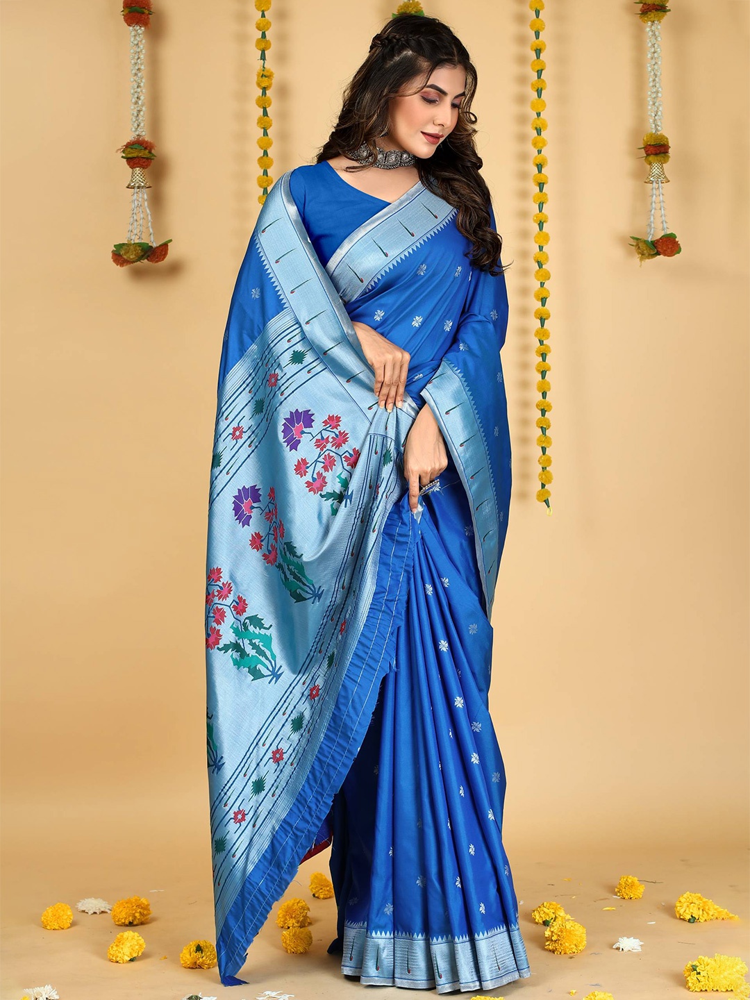 

PATIALAPICKS Ethnic Motifs Woven Design Zari Pure Silk Paithani Saree, Blue