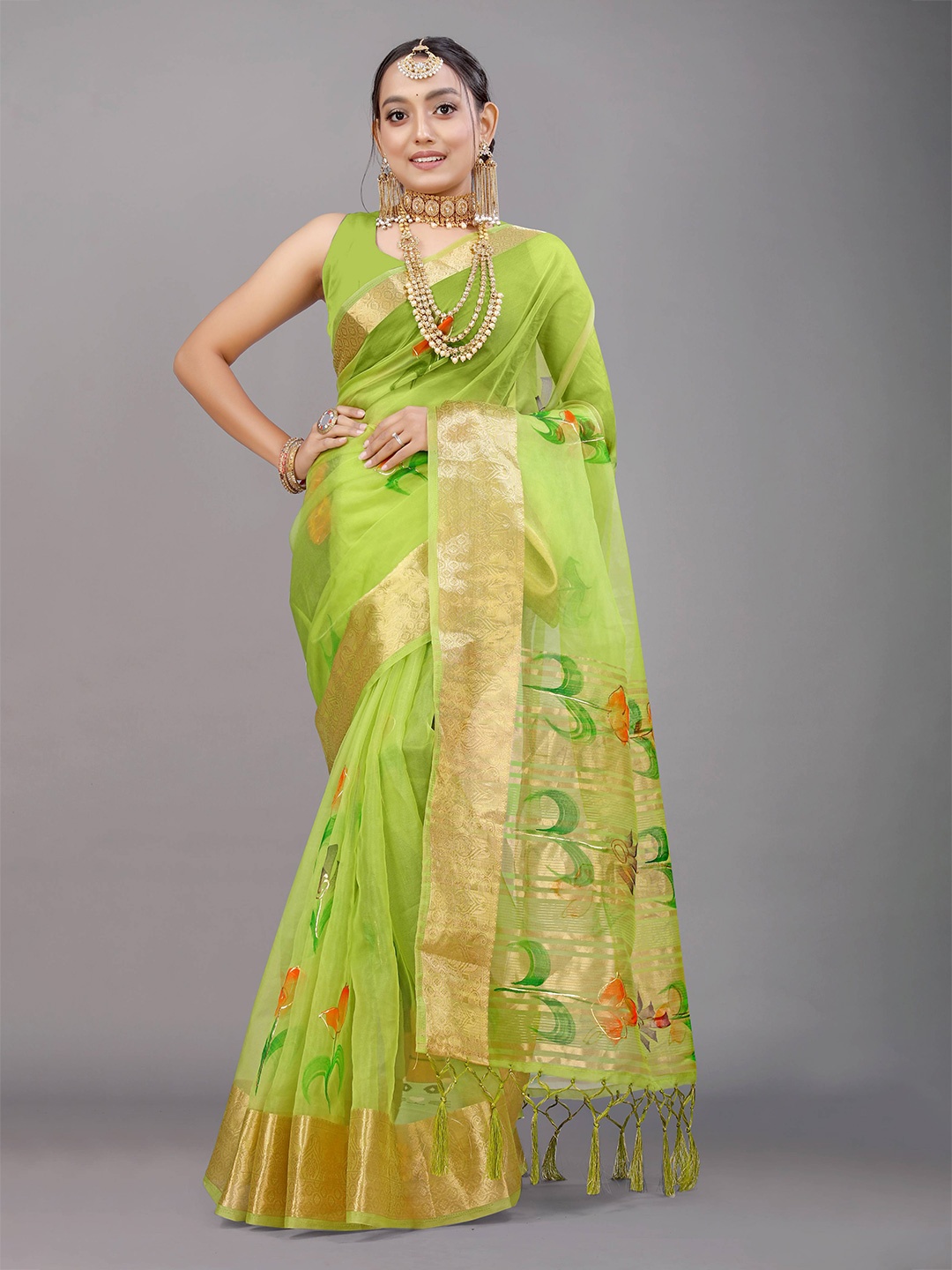 

PATIALAPICKS Floral Zari Pure Silk Kanjeevaram Saree, Lime green