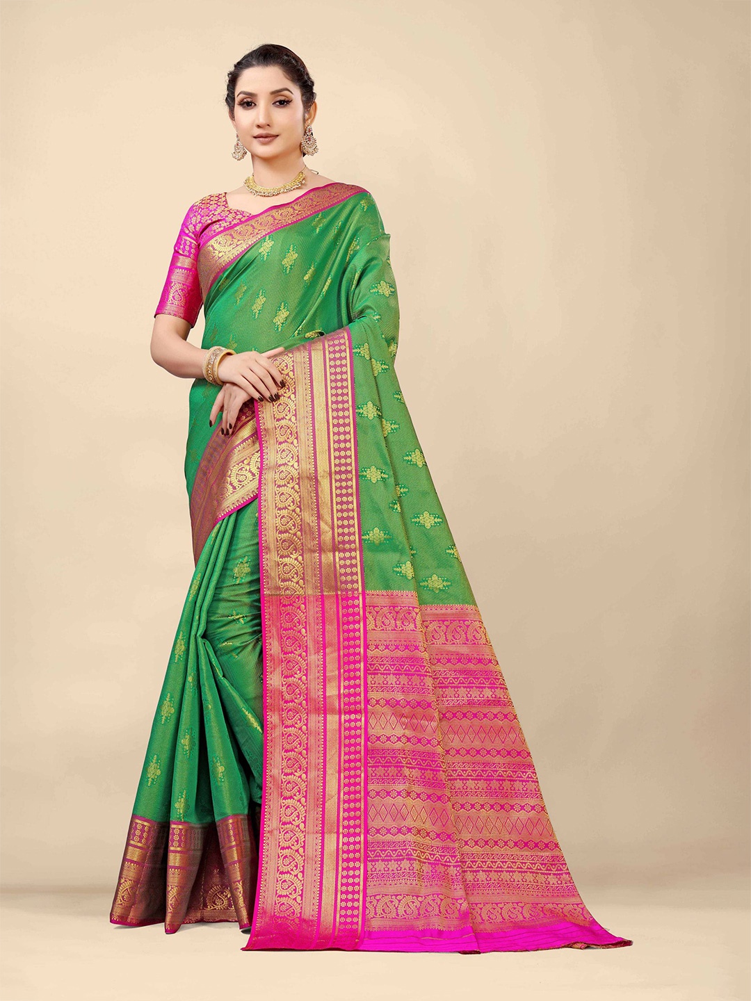 

PATIALAPICKS Ethnic Motifs Woven Design Zari Pure Silk Kanjeevaram Saree, Green