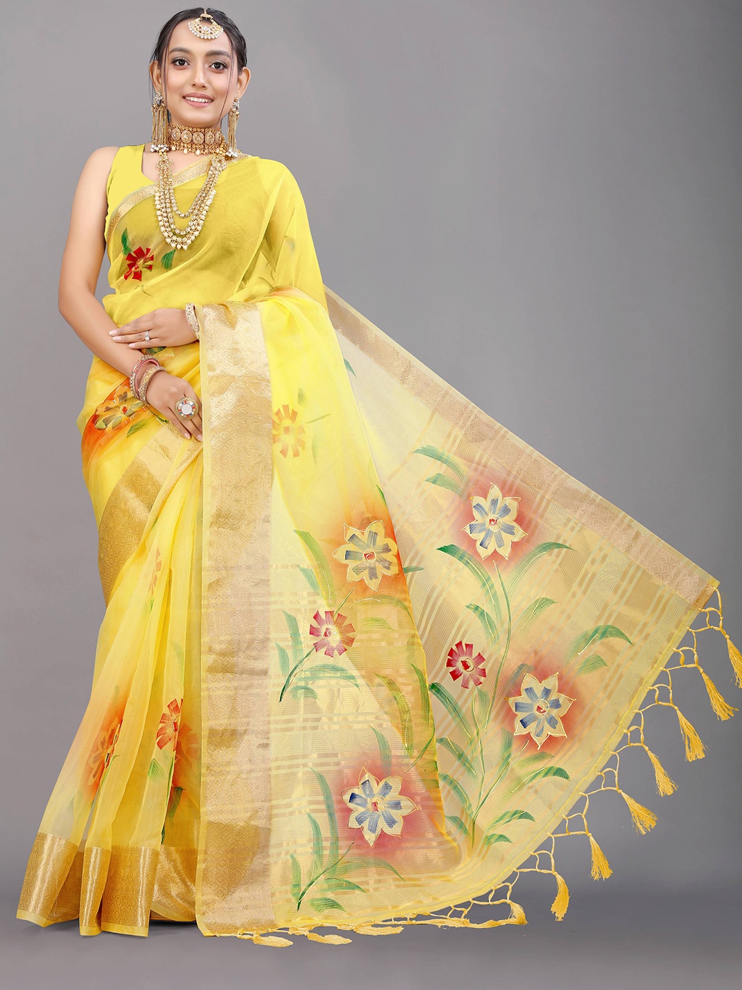 

PATIALAPICKS Floral Printed Zari Pure Silk Kanjeevaram Saree, Yellow