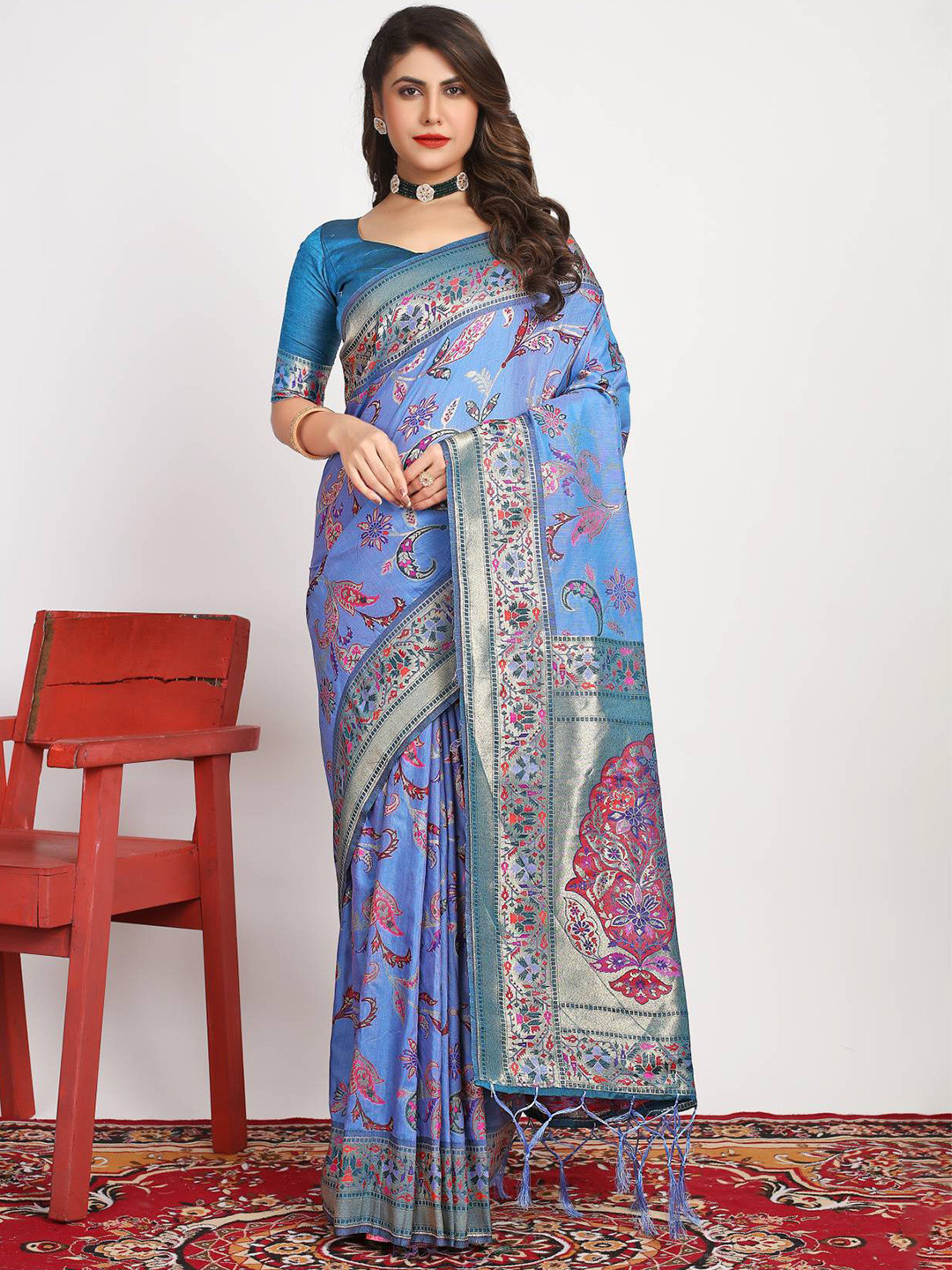 

PATIALAPICKS Ethnic Motifs Woven Design Zari Pure Silk Kanjeevaram Saree, Blue