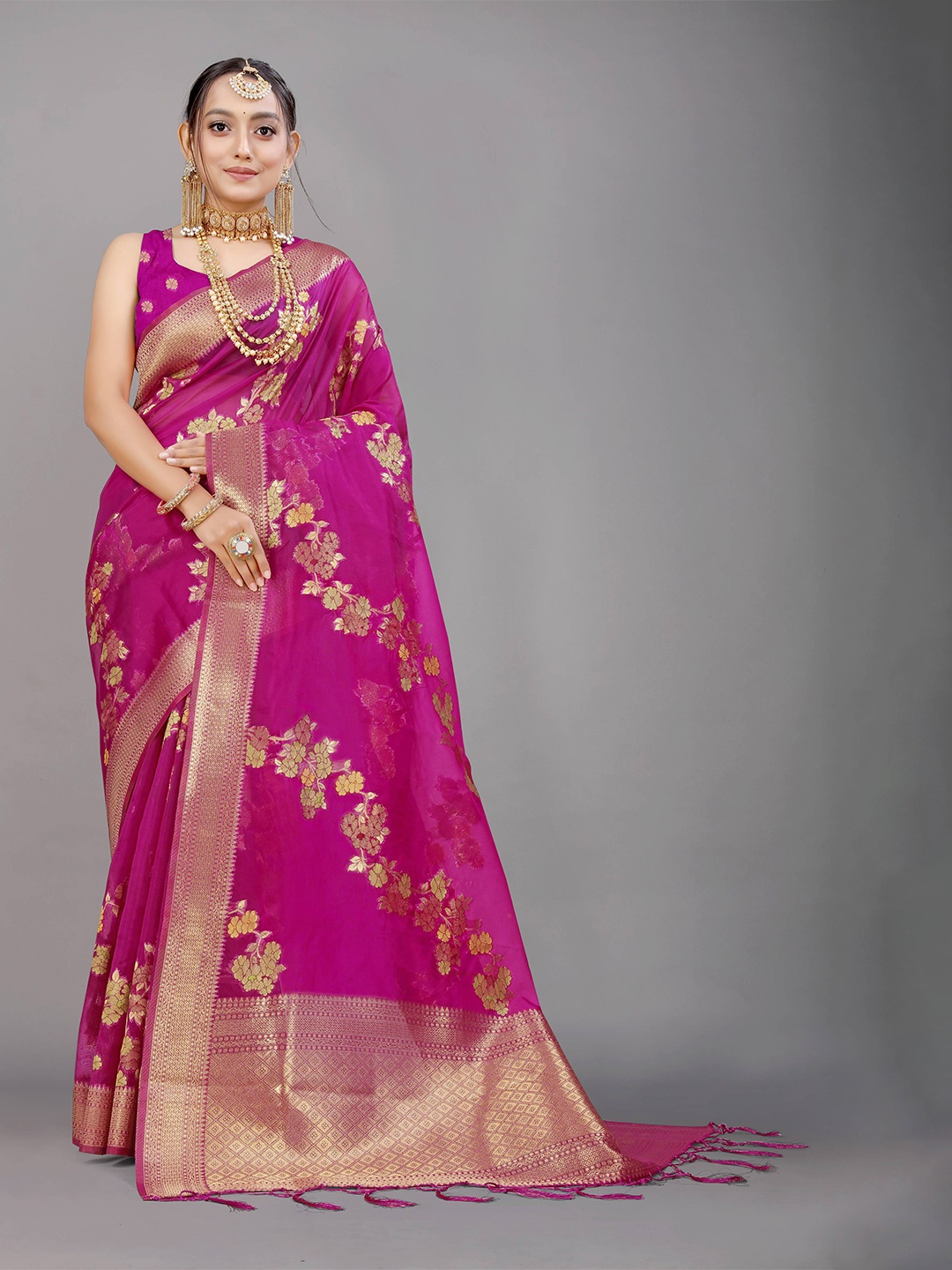 

PATIALAPICKS Floral Woven Design Zari Pure Silk Kanjeevaram Saree, Pink