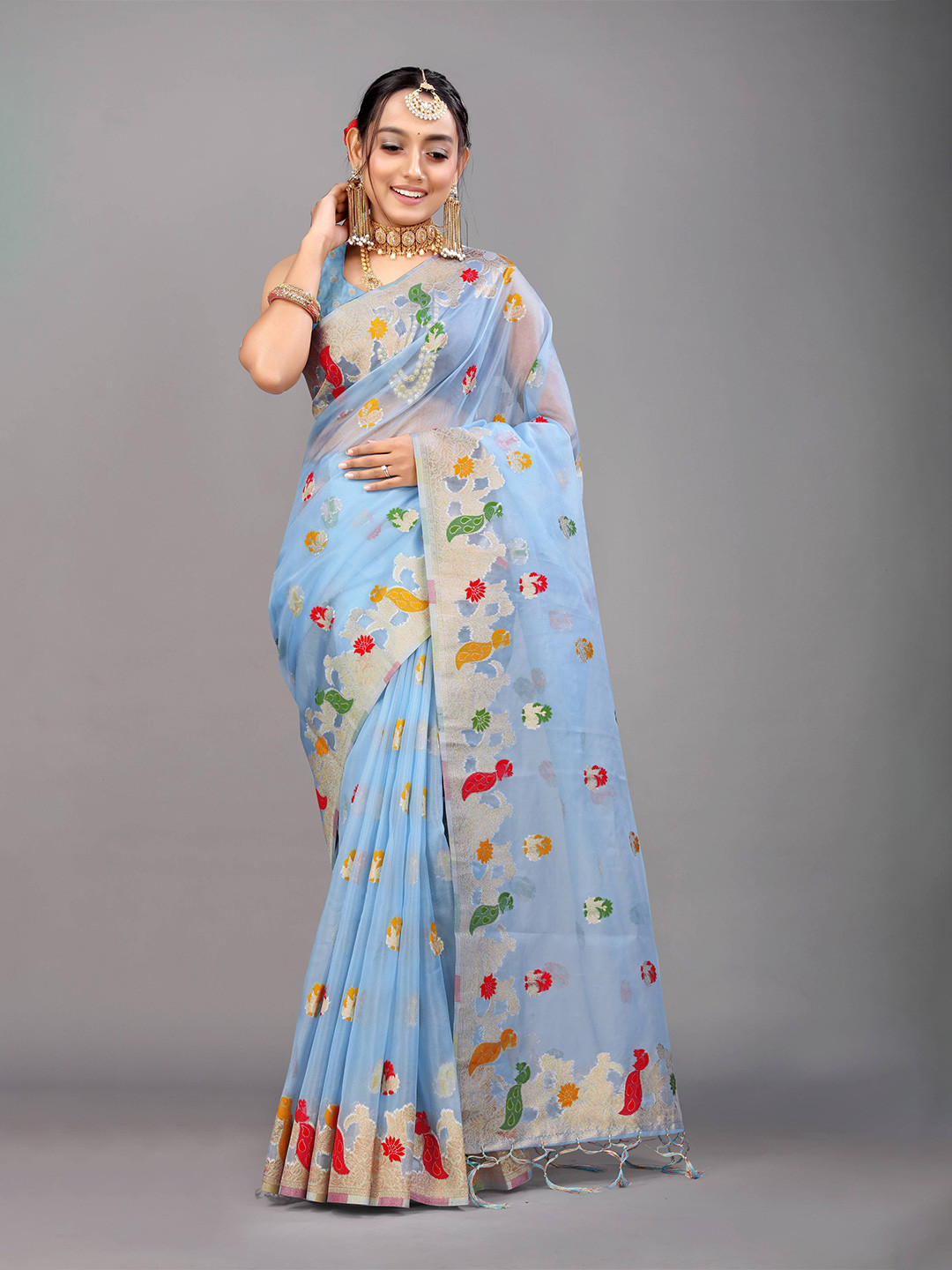 

PATIALAPICKS Ethnic Motifs Woven Design Zari Pure Silk Kanjeevaram Saree, Blue