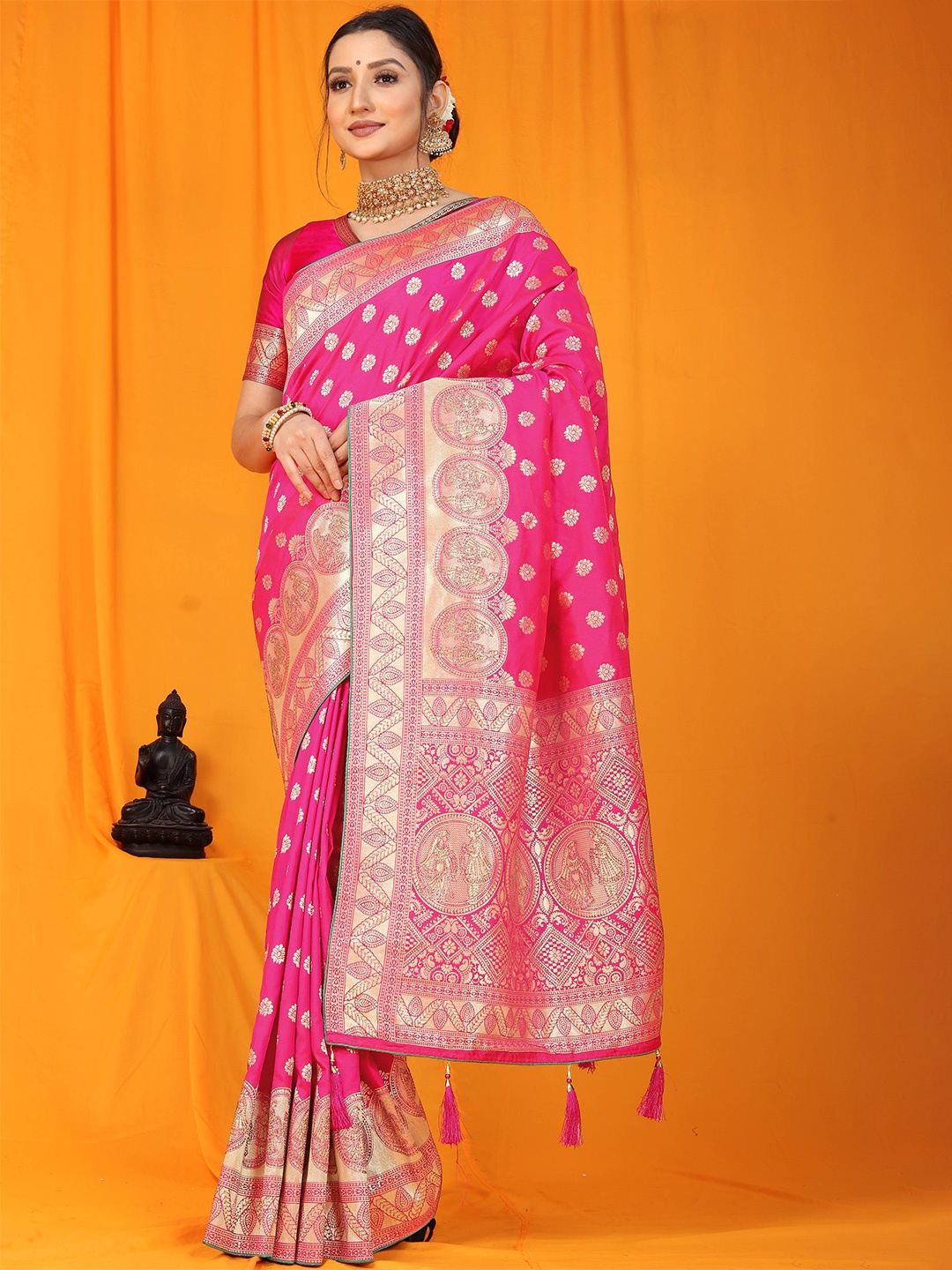 

PATIALAPICKS Woven Design Ethnic Motifs Zari Pure Silk Kanjeevaram Saree, Pink