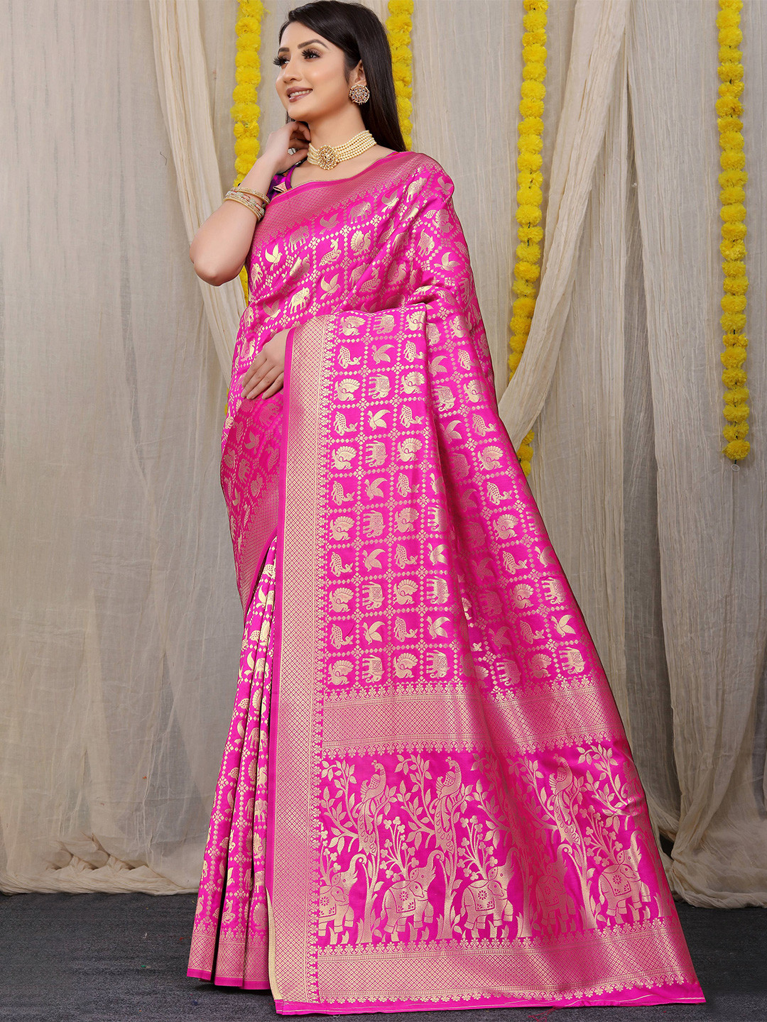 

PATIALAPICKS Woven Design Ethnic Motifs Zari Pure Silk Kanjeevaram Saree, Pink