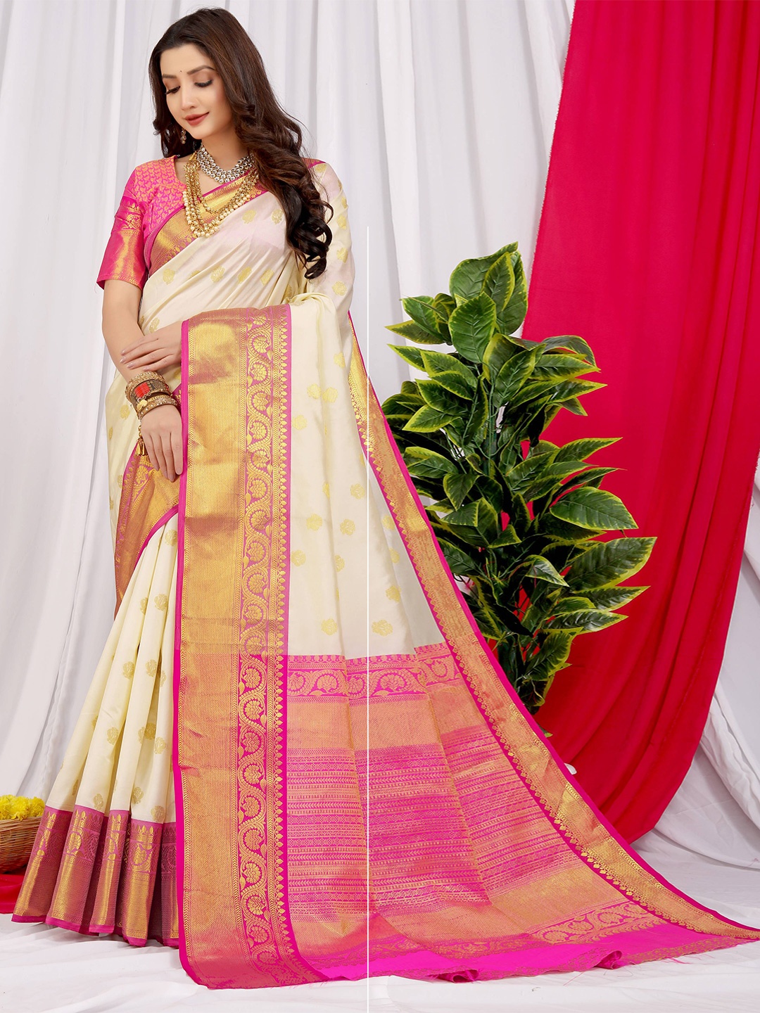 

PATIALAPICKS Ethnic Woven Design Zari Pure Silk Kanjeevaram Saree, Cream