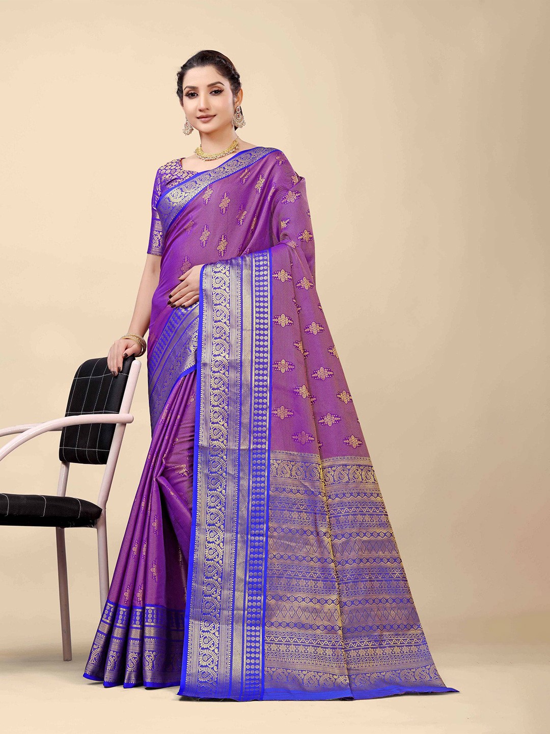 

PATIALAPICKS Ethnic Motifs Zari Pure Silk Heavy Work Kanjeevaram Saree, Purple
