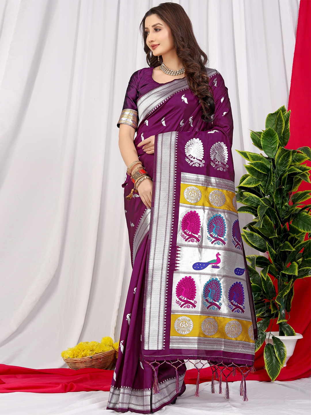 

PATIALAPICKS Ethnic Motifs Woven Design Zari Pure Silk Paithani Saree, Purple