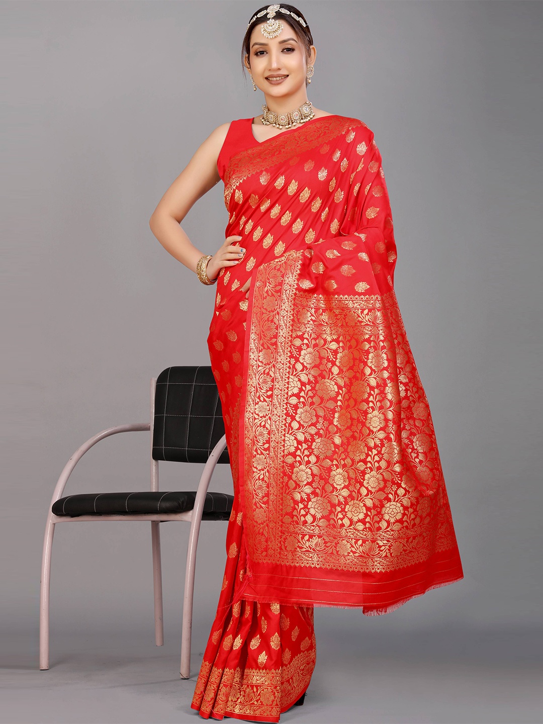 

PATIALAPICKS Ethnic Motifs Woven Design Zari Pure Silk Kanjeevaram Saree, Red