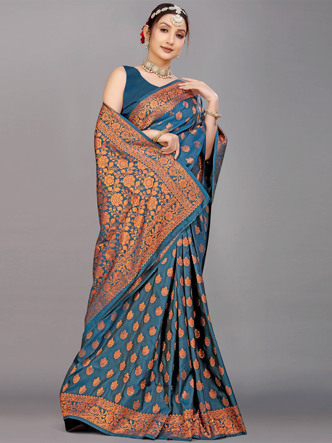 

PATIALAPICKS Ethnic Motifs Woven Design Zari Pure Silk Kanjeevaram Saree, Navy blue