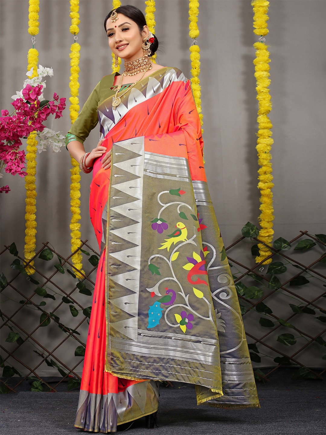 

PATIALAPICKS Woven Design Zari Pure Silk Heavy Work Kanjeevaram Saree, Orange
