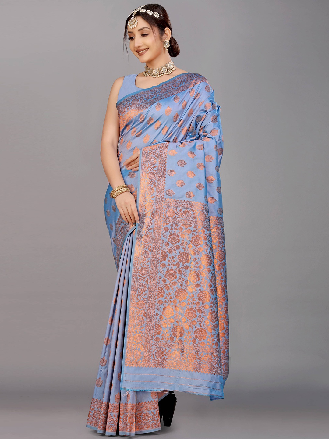 

PATIALAPICKS Ethnic Motifs Woven Design Zari Pure Silk Kanjeevaram Saree, Blue