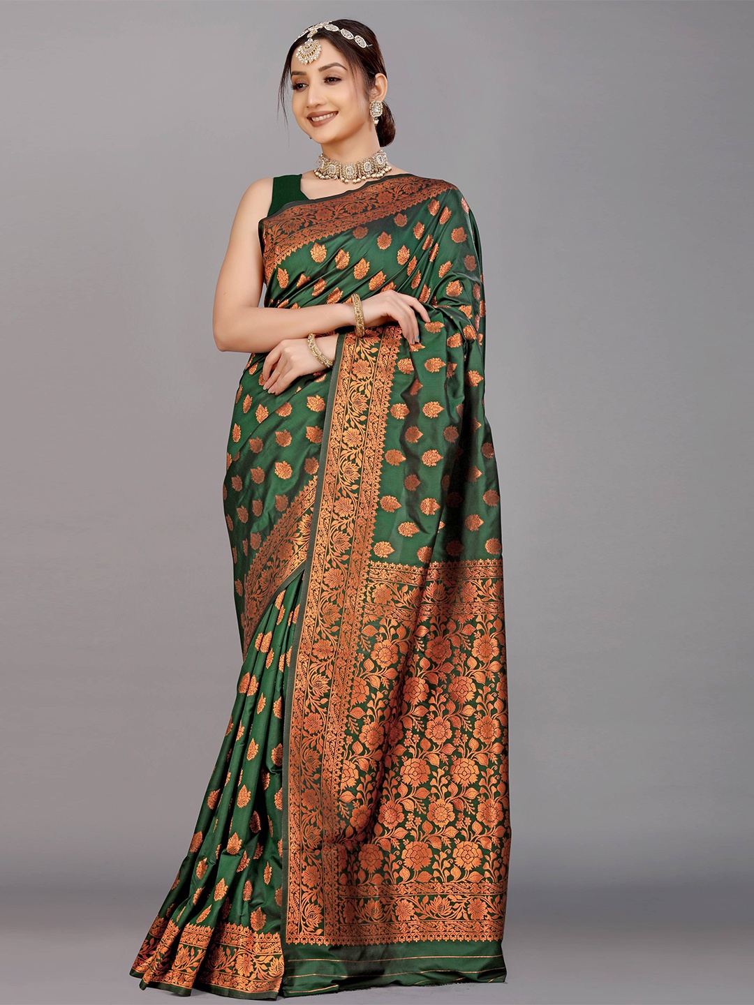 

PATIALAPICKS Woven Design Zari Pure Silk Kanjeevaram Saree, Green