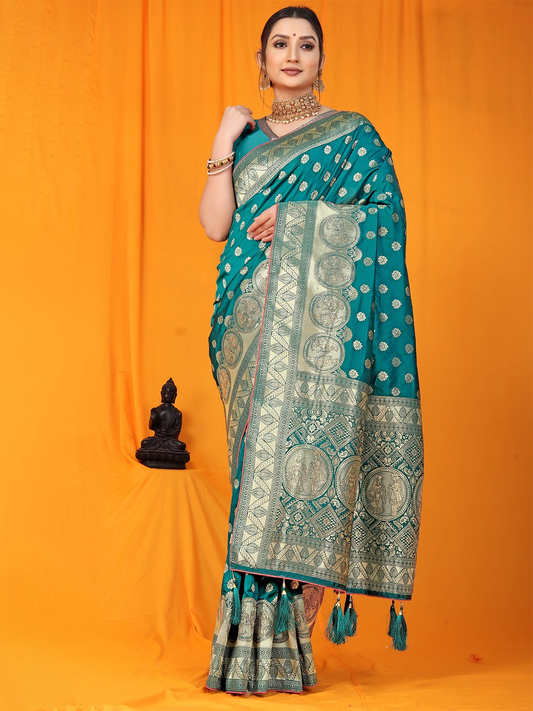

PATIALAPICKS Floral Woven Design Zari Pure Silk Kanjeevaram Saree, Blue