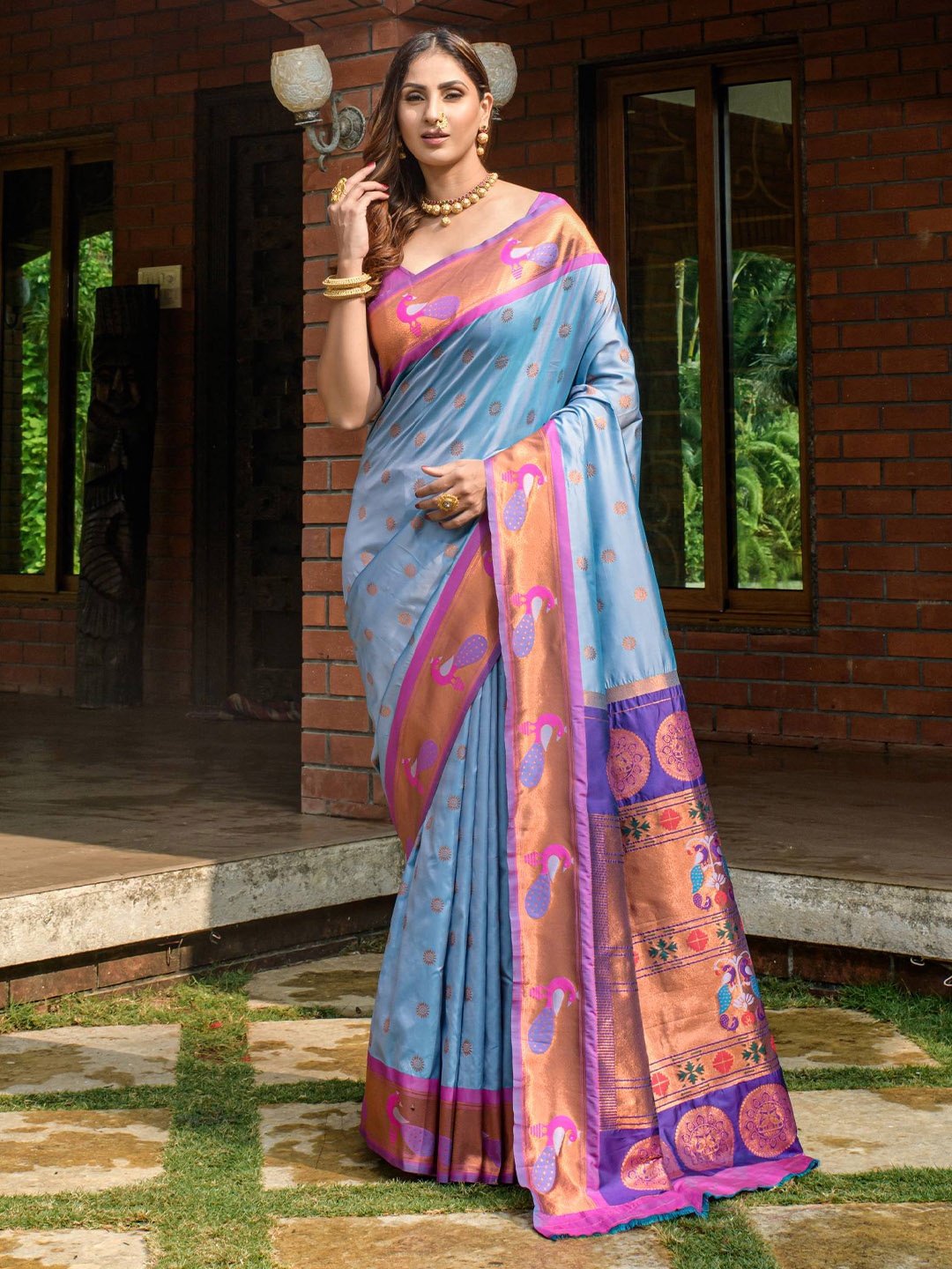 

PATIALAPICKS Ethnic Motifs Woven Design Zari Pure Silk Paithani Saree, Blue