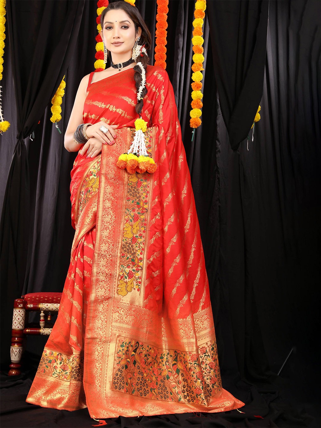 

PATIALAPICKS Ethnic Motifs Woven Design Zari Pure Silk Paithani Saree, Red