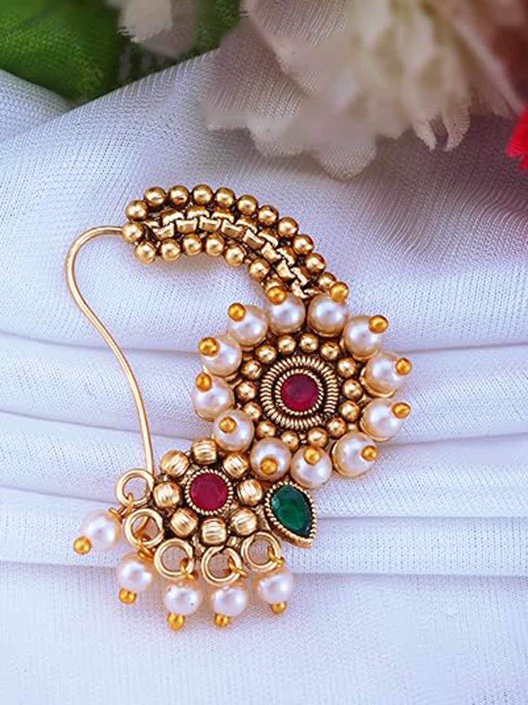 

Vighnaharta Gold-Plated Cubic Zirconia Studded & Pearls Nose Ring