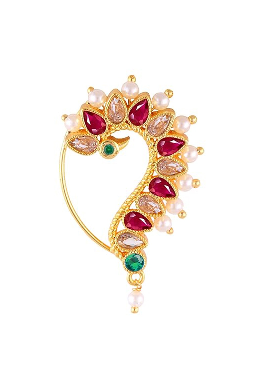 

Vighnaharta Gold-Plated Cubic Zirconia Studded & Pearls Nose Ring