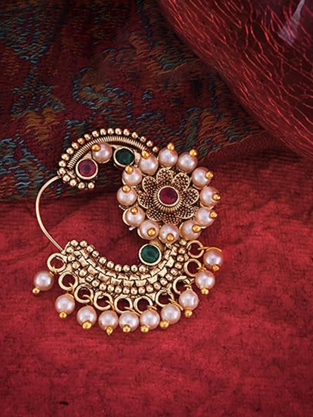 

Vighnaharta Gold-Plated Pearls Cubic Zirconia Stud Nosepin