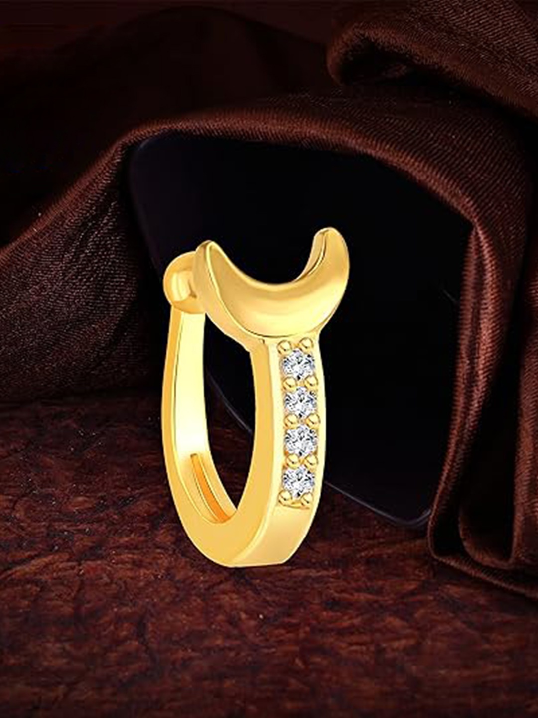 

Vighnaharta Gold-Plated Cubic Zirconia Pearl Beaded Ring Nosepin