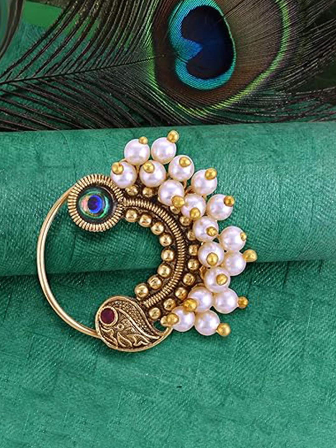

Vighnaharta Gold-Plated Stone Studded & Beaded Stud Nosepin
