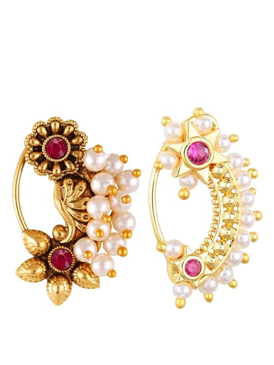 

Vighnaharta Set Of 2 Gold-Plated Stone-Studded & Pearls Beaded Stud Nosepins