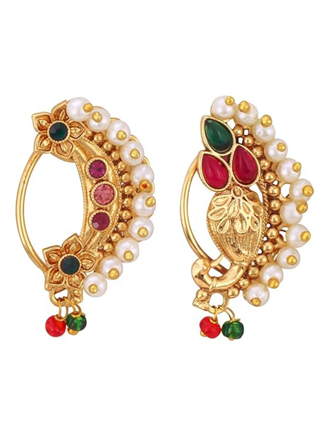 

Vighnaharta Gold-Plated Cubic Zirconia Studded & Pearls Nose Ring