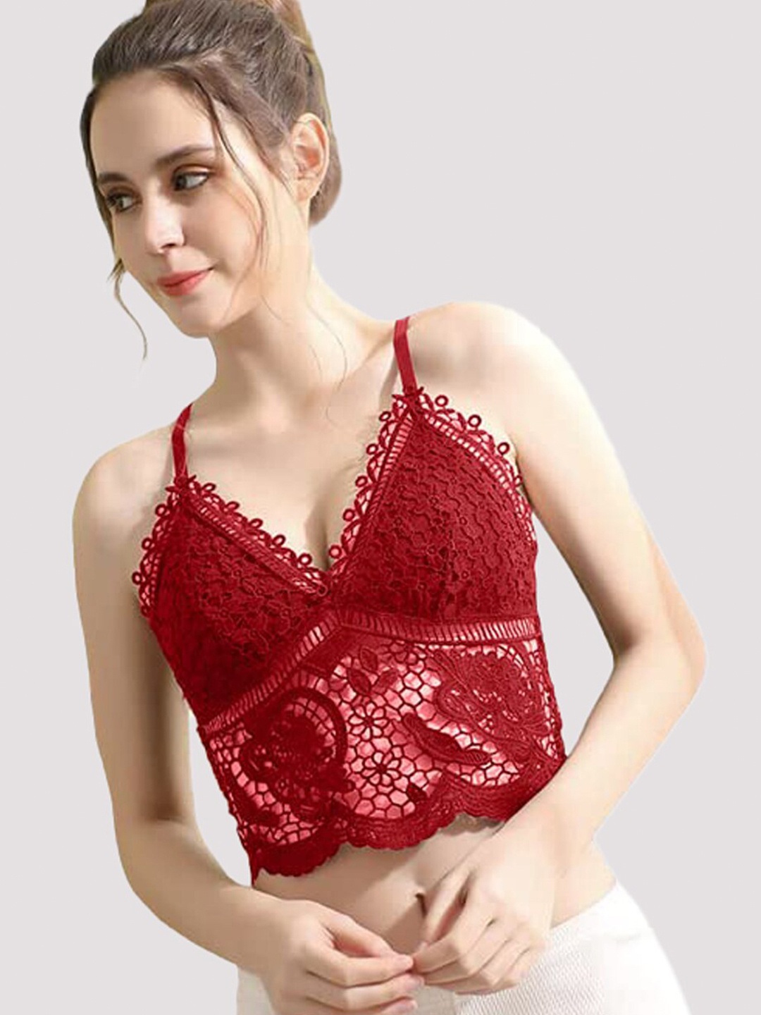 

Krelin Floral Laced Bralette Bra Half Coverage Lightly Padded All Day Comfort, Red