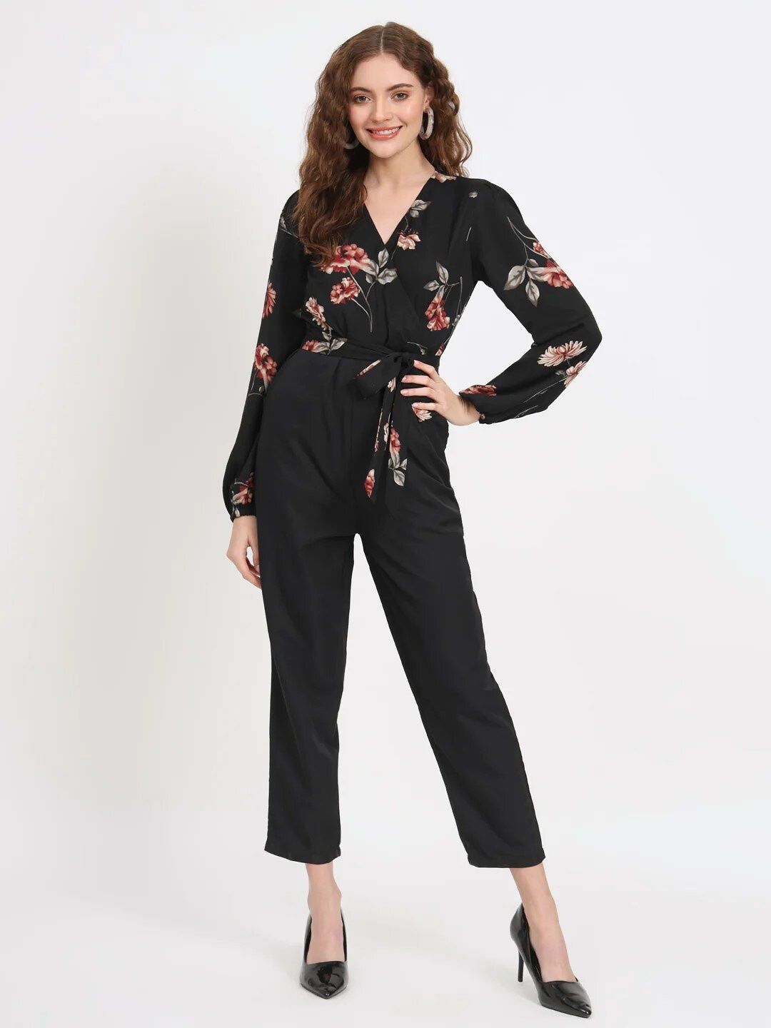 

BELAVINE Printed V-Neck Slim Fit Jumpsuit, Black