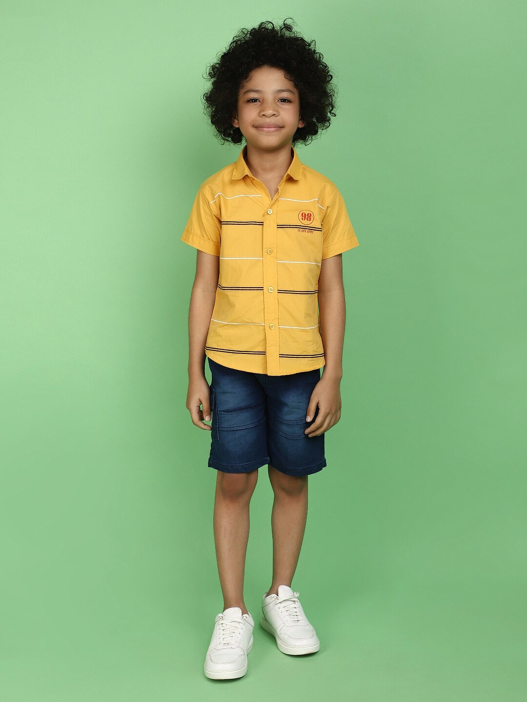 

V-Mart Boys Striped Pure Cotton Shirt With Denim Shorts, Mustard