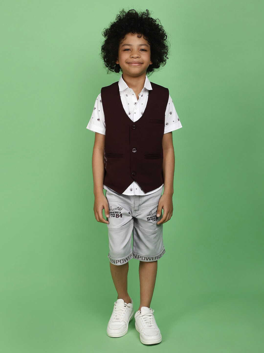 

V-Mart Boys Printed Pure Cotton Shirt With Shorts & Waistcoat, White