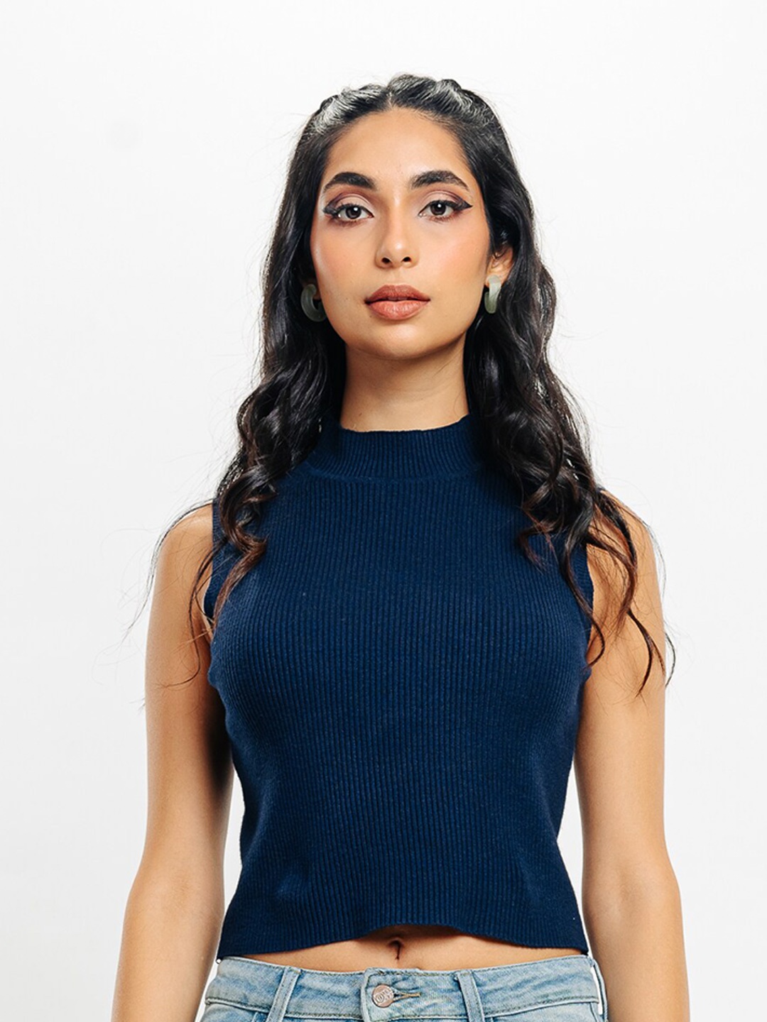 

FREAKINS Ribbed High Neck Pure Cotton Tank Crop Top, Navy blue