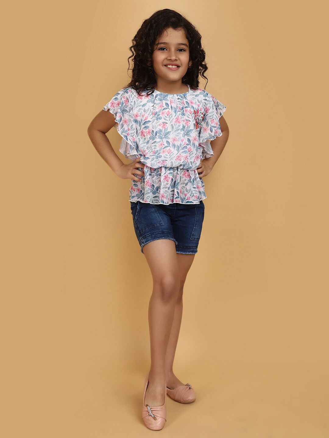 

V-Mart Girls Printed Pure Cotton Top With Denim Shorts, Off white