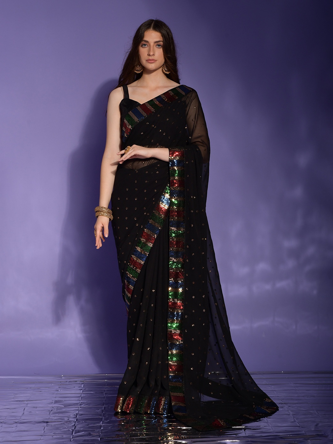 

Globon Impex Embellished Pure Georgette Saree, Black