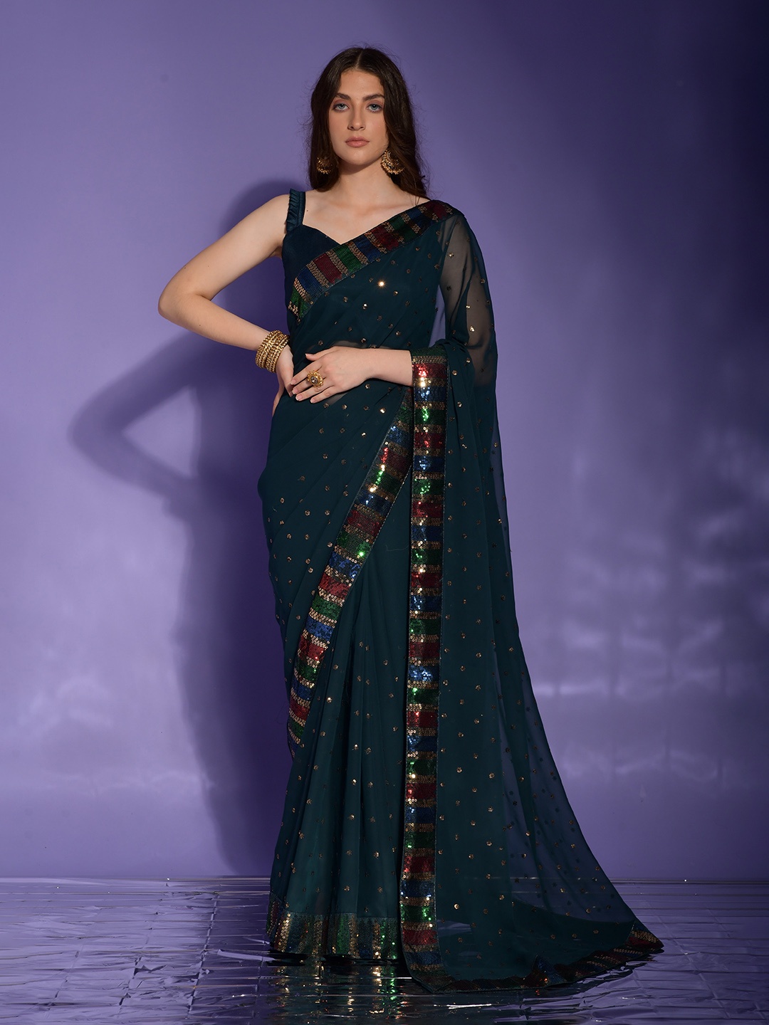 

Globon Impex Embellished Sequinned Pure Georgette Saree, Teal