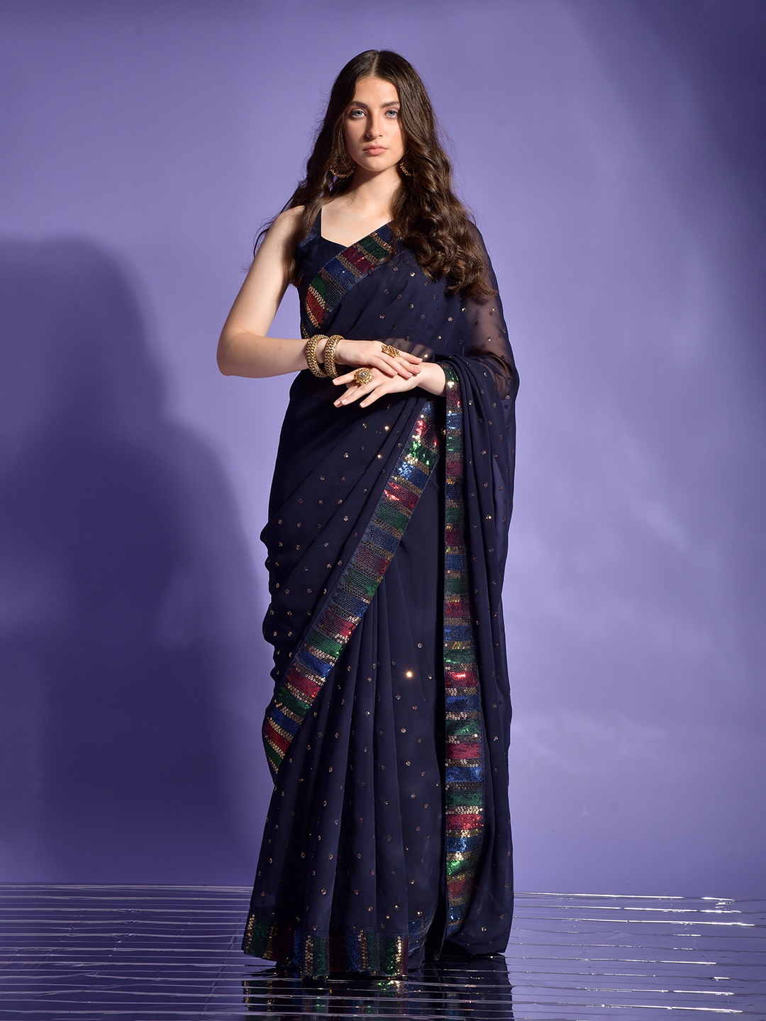 

Globon Impex Embellished Sequinned Pure Georgette Saree, Blue