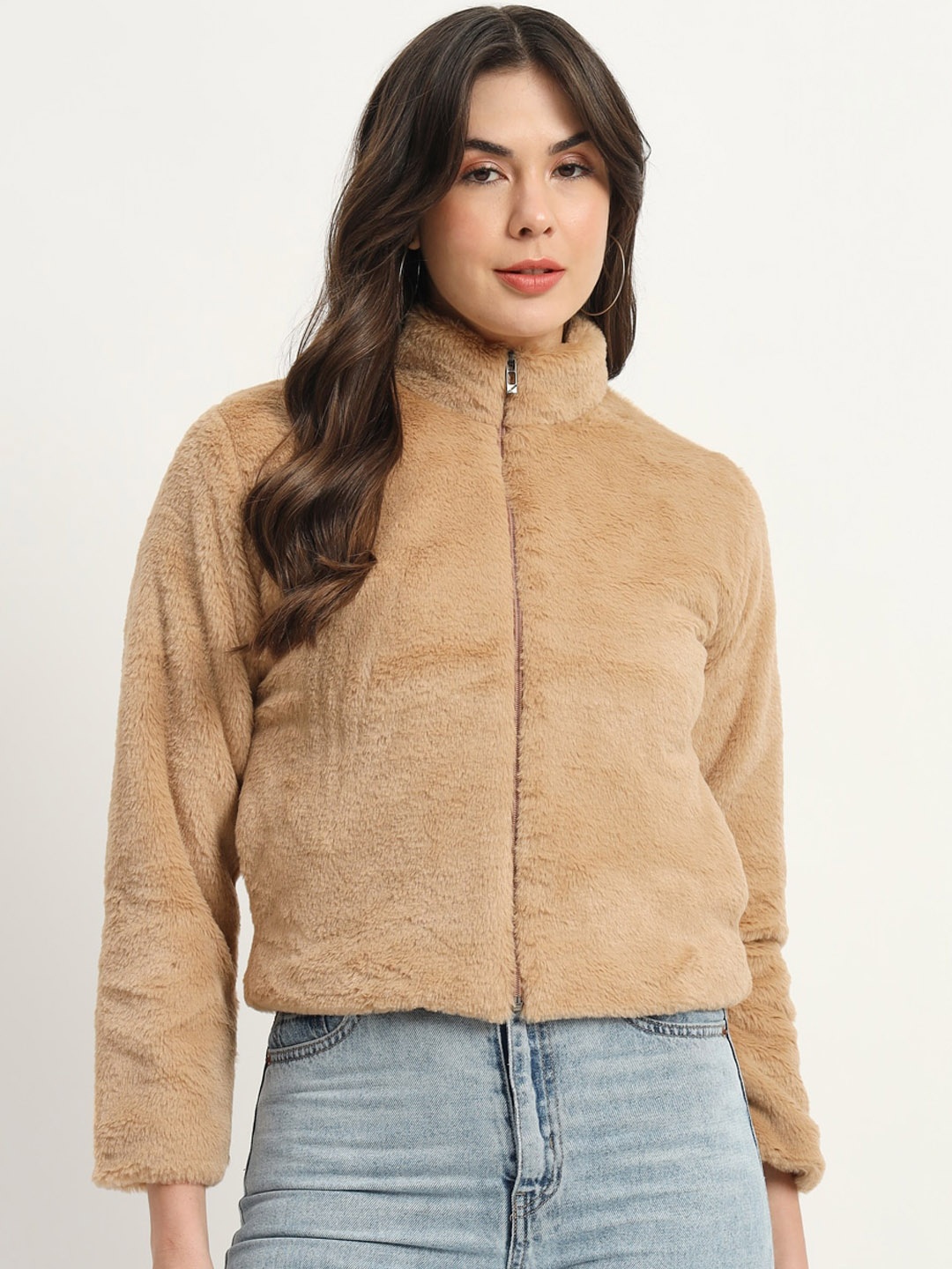 

RAER Stand Collar Faux Fur TrimLightweight Tailored Jacket, Tan