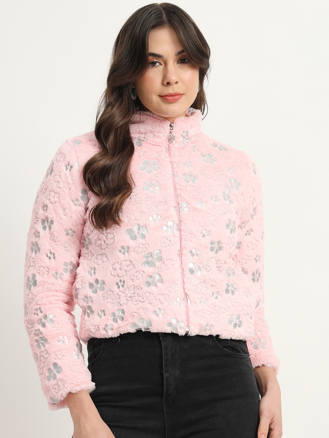 

RAER Geometric Stand Collar Faux Fur Lightweight Tailored Jacket, Pink